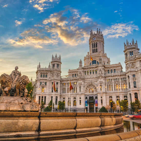 Madrid Spain, sunrise city skyline at Cibeles Fountain Town Square