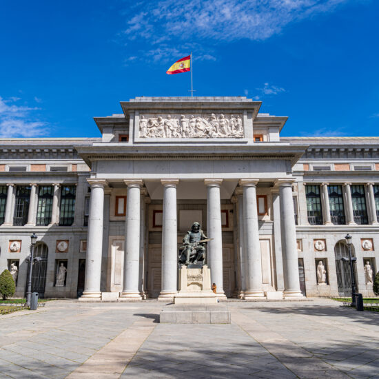 Panoramic view of the main facade of the Prado museum in the center of Madrid.