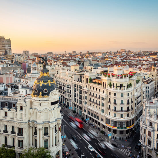 Madrid, Spain, Sunset Over Madrid Cityscape Showing Landmark Buildings on Gran Via Street