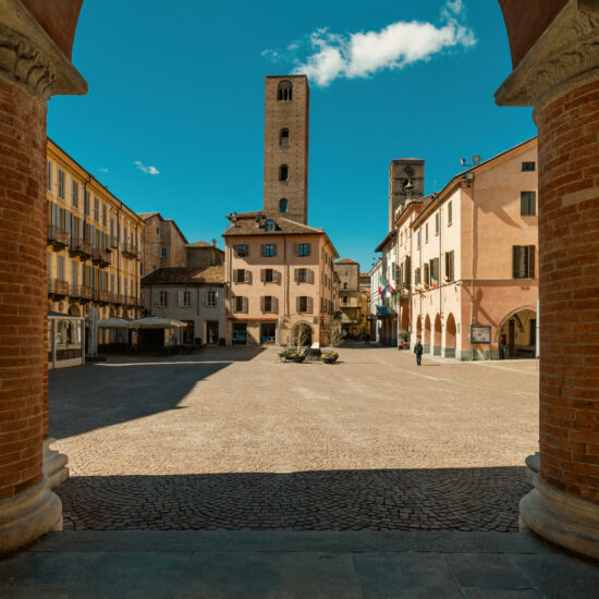 View of the old town square in Alba, Italy.