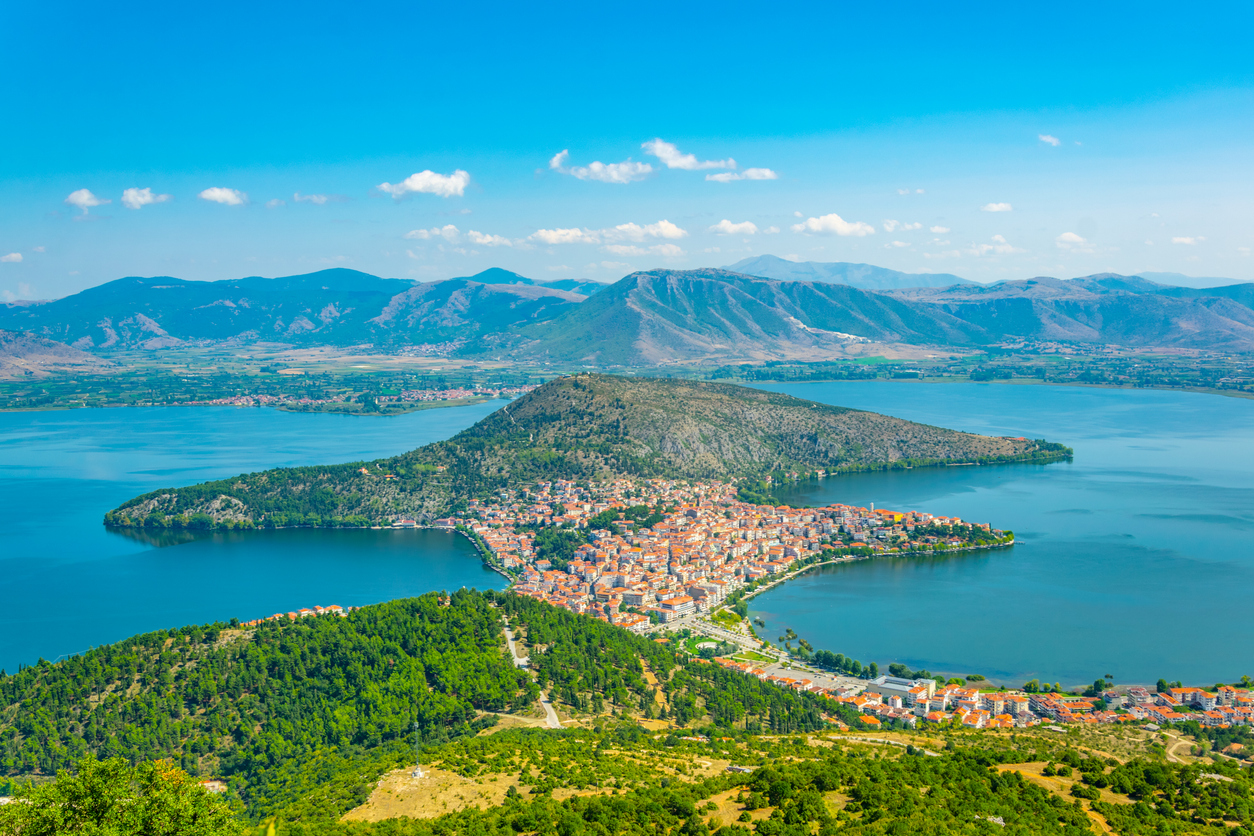 Aerial view of greek town Kastoria surrounded by Orestiada lake