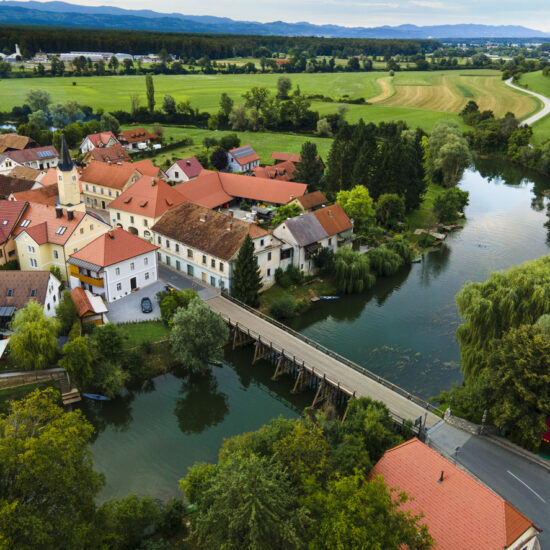 Kostanjevica na Krki Old Town Surrounded by River in Slovenia. Drone Aerial Photo