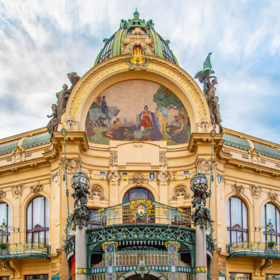 Municipal House Art Nouveau historical building at Republic Square, Namesti republicky, in Prague, Czech Republic