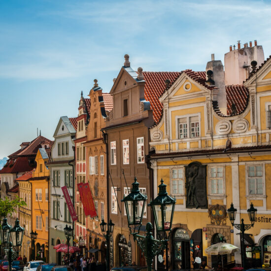Prague, Czech Republic, 28 September 2014: fairy tale houses, element of Nerudova street in the old historical center of the city. Small town Mala Strana, Bohemia