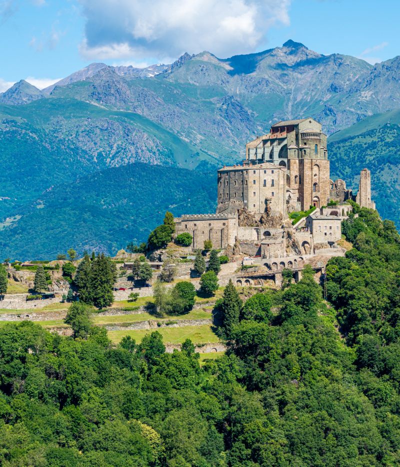 Scenic sight of the Sacra di San Michele (Saint Michael's Abbey). Province of Turin, Piedmont, Italy.