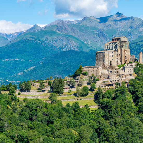Scenic sight of the Sacra di San Michele (Saint Michael's Abbey). Province of Turin, Piedmont, Italy.