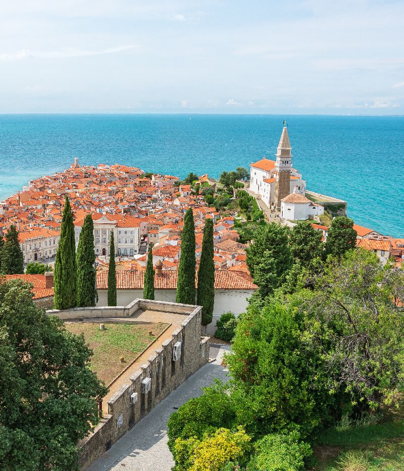 The coastal town of Piran in Slovenia, a picturesque seaside landscape, seen from the Walls of Piran tourist attraction. Colorful buildings surrounded by blue water.