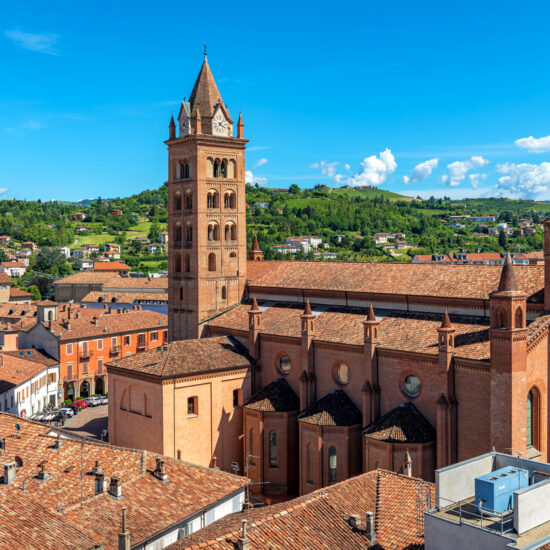 San Lorenzo Cathedral as seen from above in Alba, Italy.