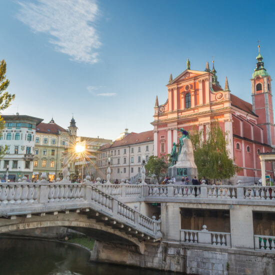 Preseren square and Franciscan Church of the Annunciation, Ljubljana, Slovenia, Europe.