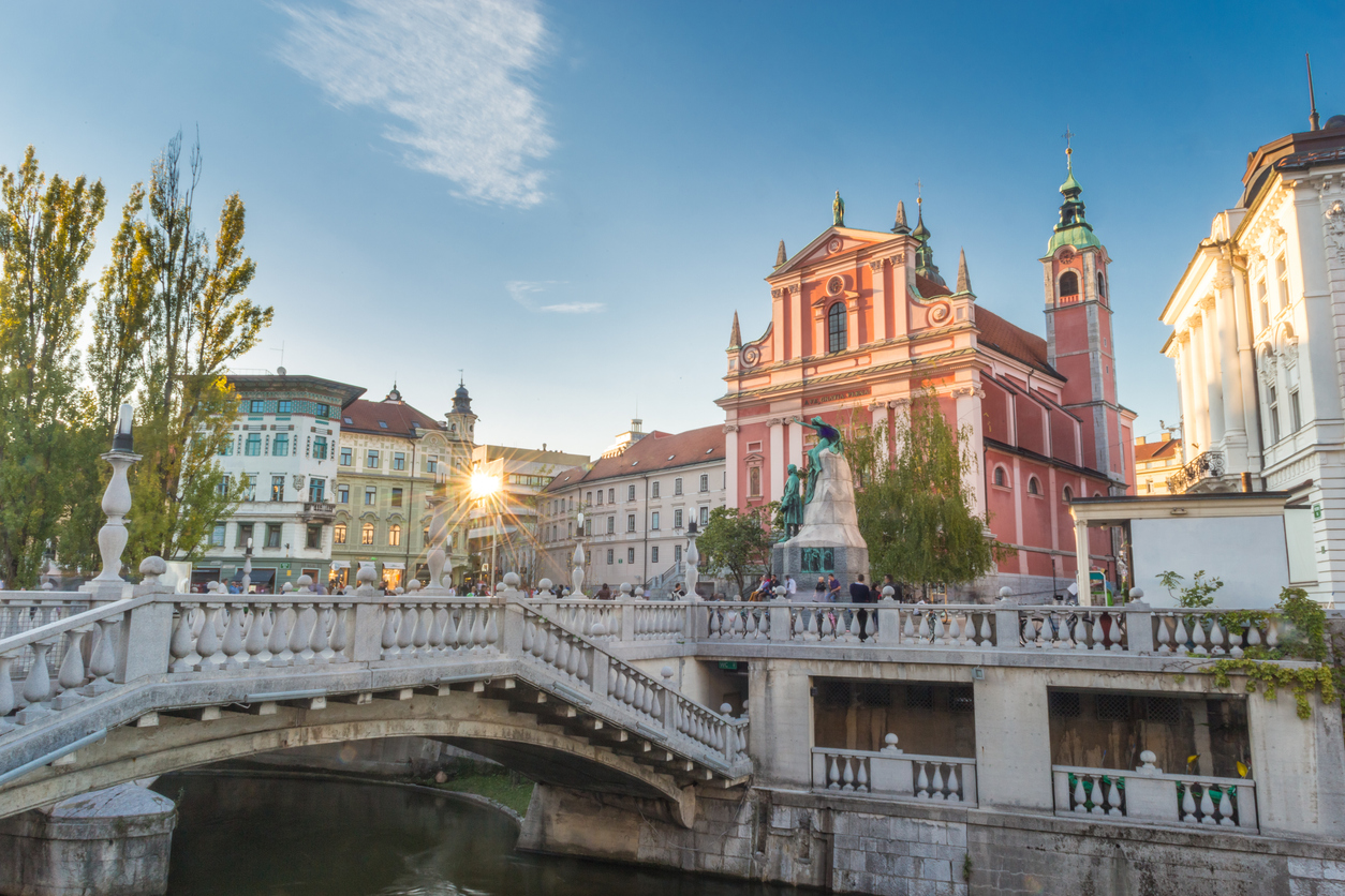 Preseren square and Franciscan Church of the Annunciation, Ljubljana, Slovenia, Europe.