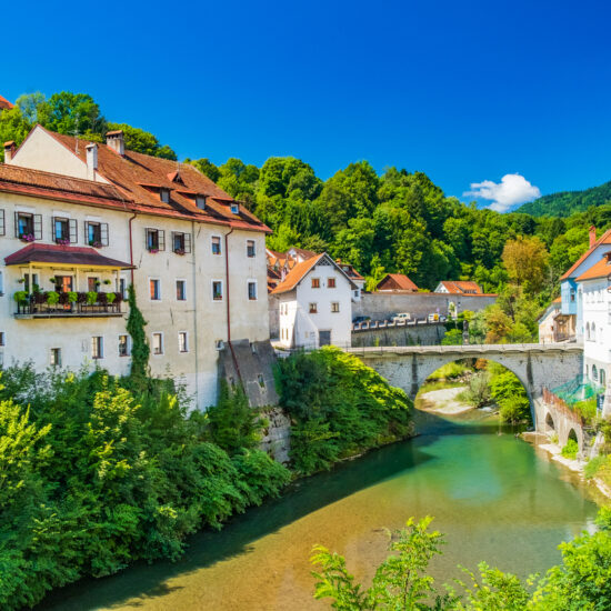 Capuchin's Bridge or Stone Bridge in Skofja Loka Slovenia