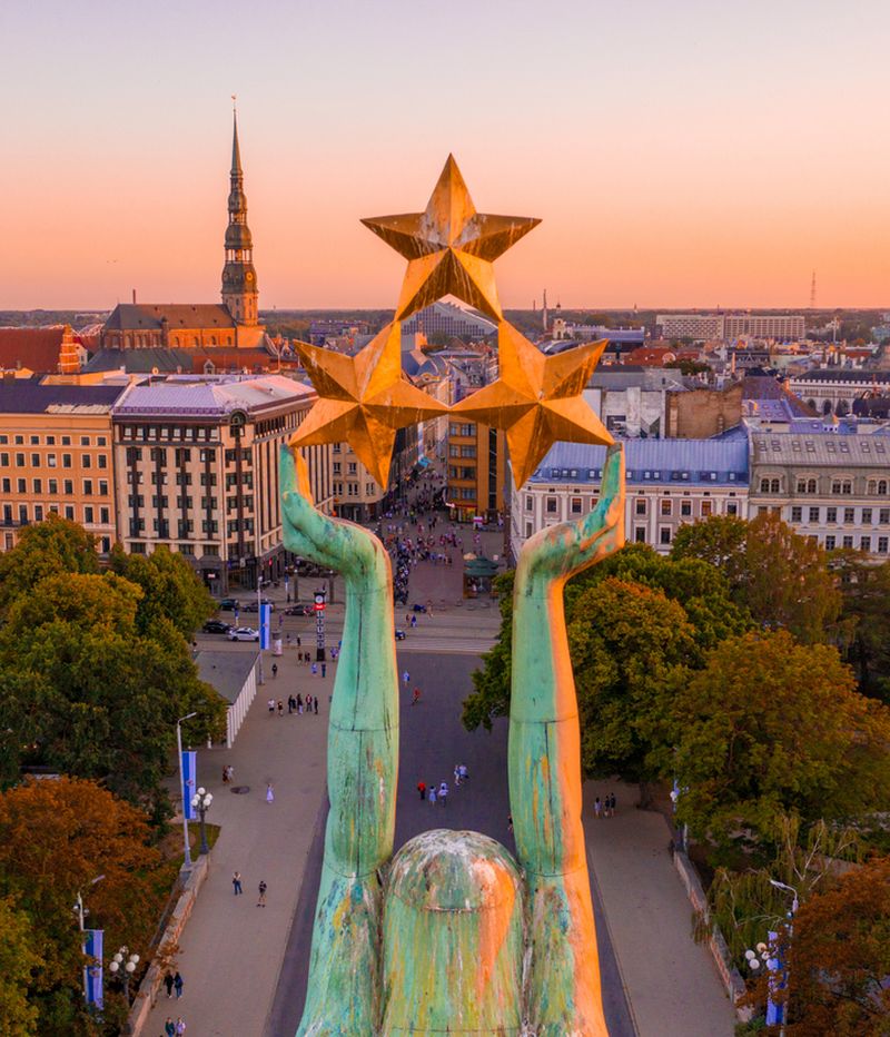 Amazing Aerial View of the Statue of Liberty Milda in Riga, Latv