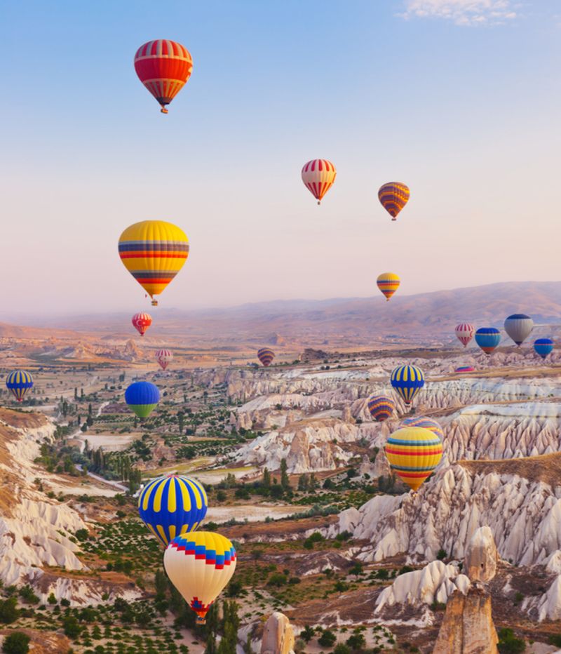 Hot air balloon flying over Cappadocia Turkey