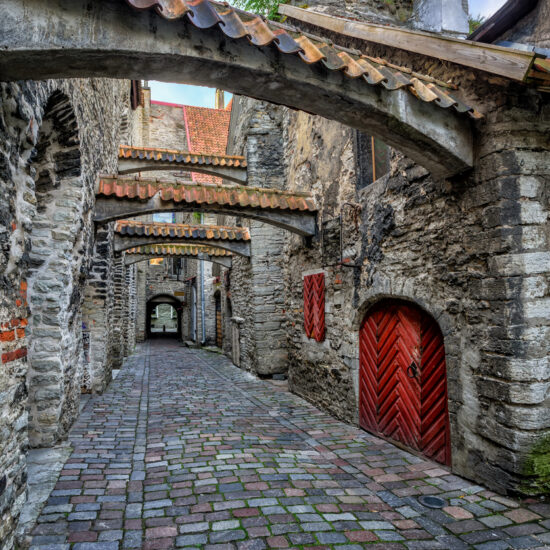 Old cobbled street in old town of Tallinn, Estonia