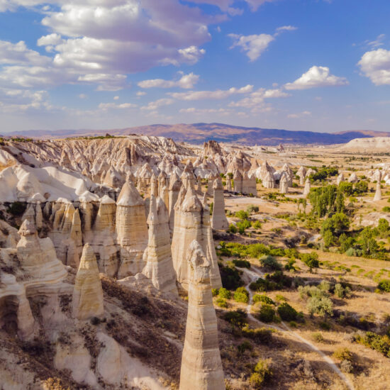 Unique geological formations in Love Valley in Cappadocia, popular travel destination in Turkey