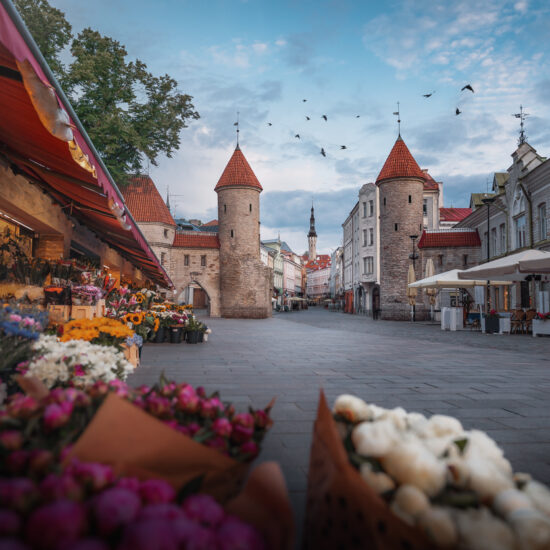 Viru Gate with Tallinn Town Hall on background Tallinn, Estonia